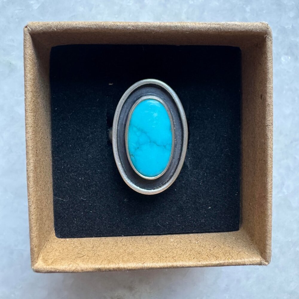 Kingman Turquoise Southwestern shadow box silver handmade artisan ring 7.25